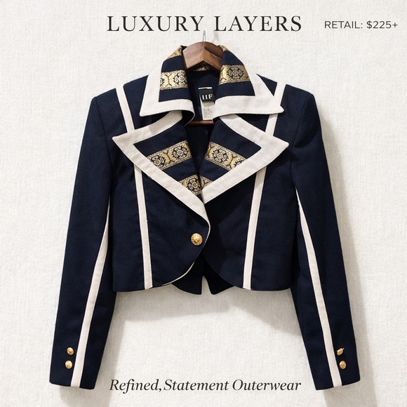 ✨ Luxury Cropped Military-Inspired Jacket | Navy & Gold Brocade - Picture 9 of 12